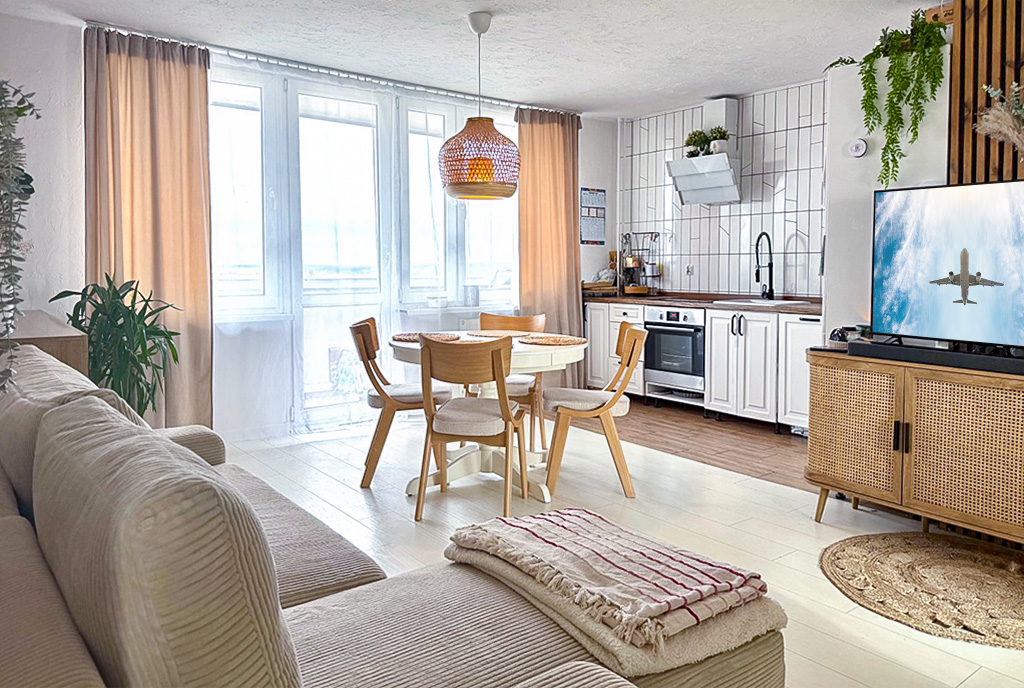 widok z salonu na kuchnię w ekskluzywnym apartamencie do sprzedaży Legnica okolice