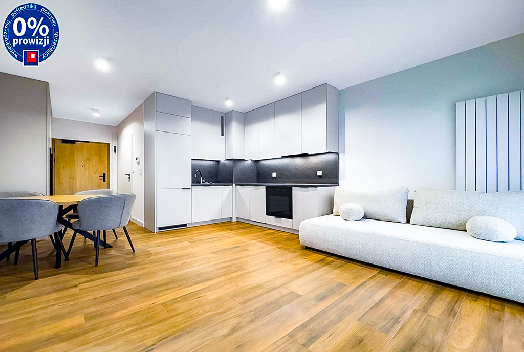 widok z salonu na aneks kuchenny w ekskluzywnym apartamencie do wynajęcia Katowice