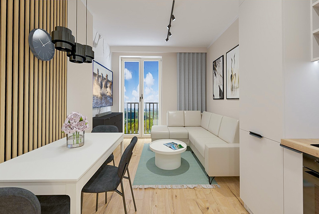 nowoczesny projekt salonu w luksusowym apartamencie do sprzedaży Elbląg