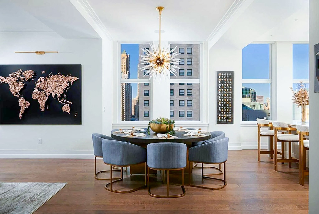 widok na jadalnię w luksusowym apartamencie na sprzedaż Chicago Stany Zjednoczone Ameryki