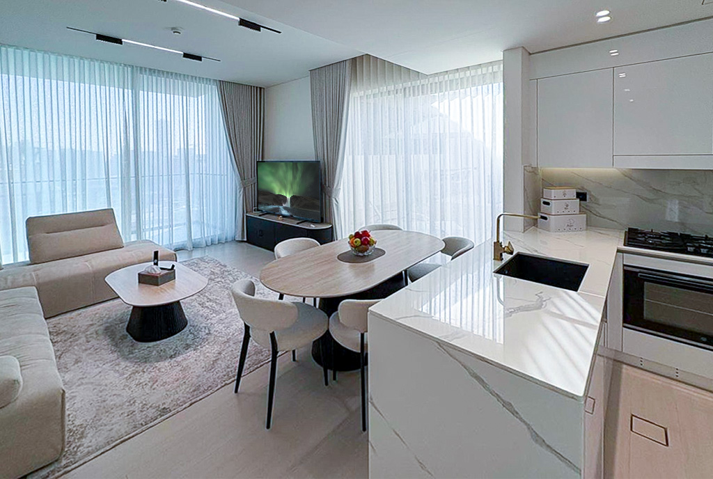 nowoczesny salon w ekskluzywnym apartamencie do sprzedaży Zjednoczone Emiraty Arabskie Dubaj Jumeriah Vilage Circle