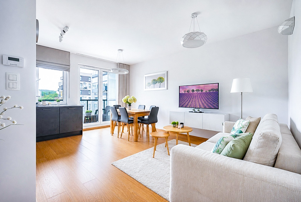 nowoczesny salon w ekskluzywnym apartamencie do sprzedaży Gdańsk