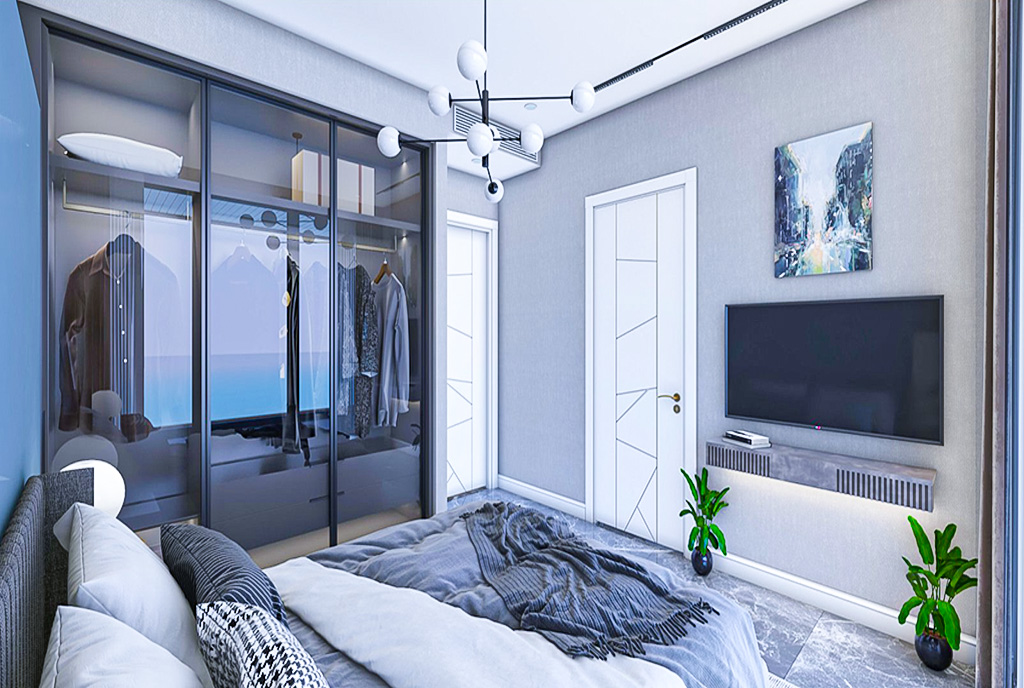 na zdjęciu sypialnia w luksusowym apartamencie na sprzedaż Turcja (Alanya)