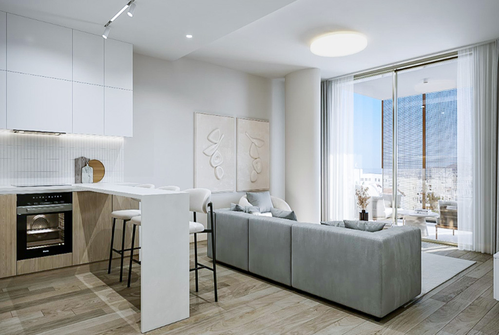 widok na pokój dzienny w luksusowym apartamencie na sprzedaż Cypr (Pafos)