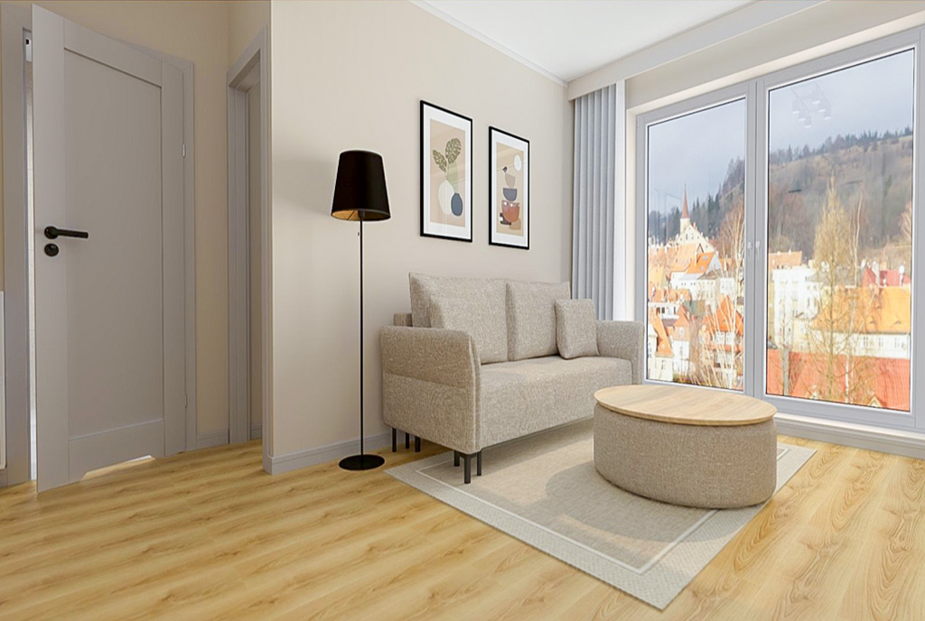 Przykładowa aranżacja salonu w ekskluzywnym apartamencie do sprzedaży Elbląg.