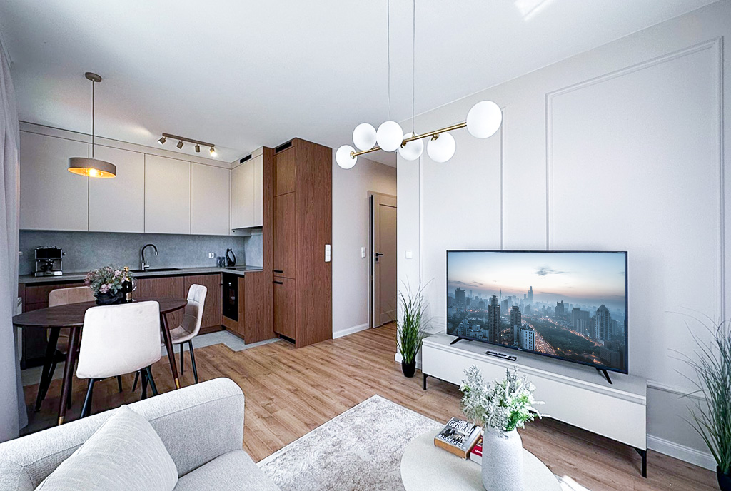 Futurystyczny pokój dzienny w luksusowym apartamencie na sprzedaż Mielec.