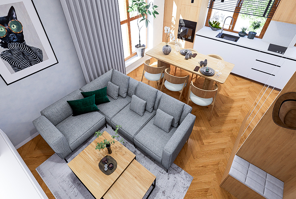 Widok z góry na salon i kuchnię w ekskluzywnym apartamencie do sprzedaży Mielec.