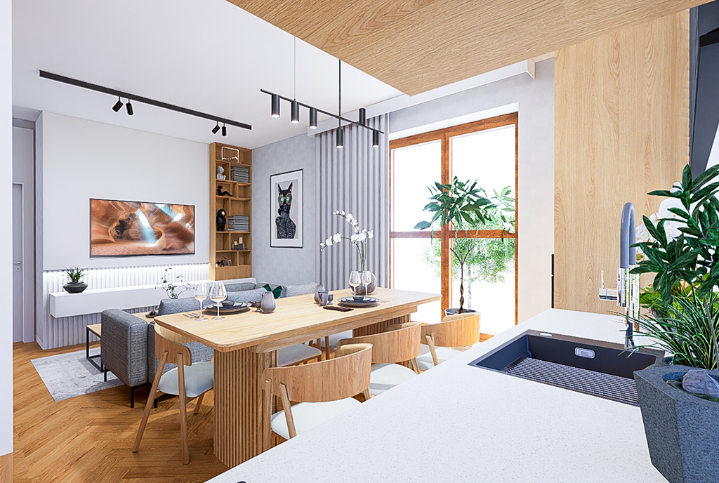 Designerski salon, jadalnia i kuchnia w luksusowym apartamencie na sprzedaż Mielec.