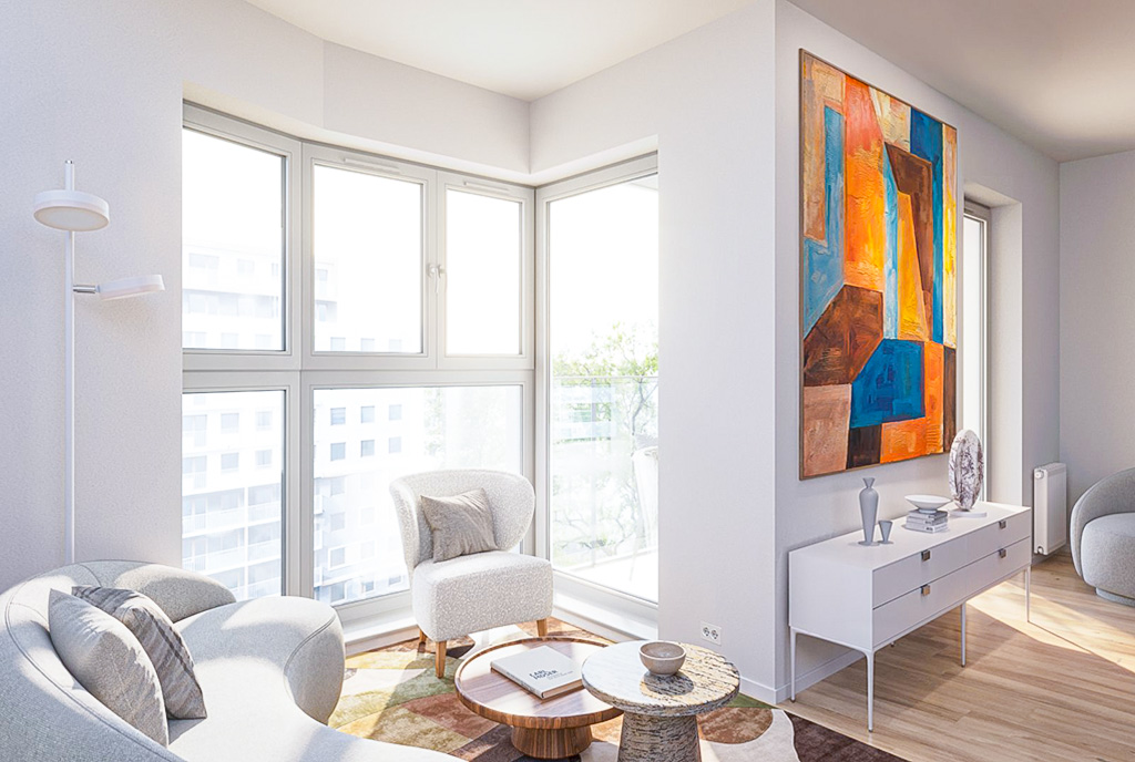 futurystyczne elementy w salonie luksusowego apartamentu na sprzedaż Wrocław