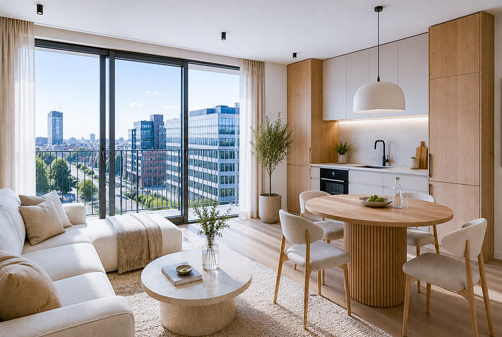 Po lewej salon po prawej aneks kuchenny w ekskluzywnym apartamencie do sprzedaży Wrocław