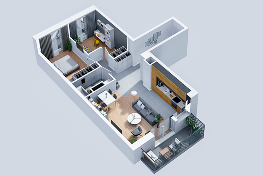 Widok z góry na rozkład pomieszczeń w luksusowym apartamencie na sprzedaż Wrocław