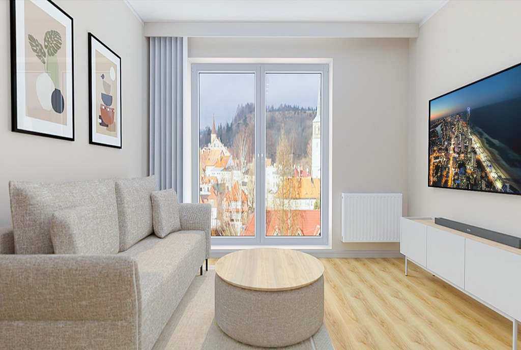 Przykładowa aranżacja salonu w luksusowym apartamencie na sprzedaż Elbląg.