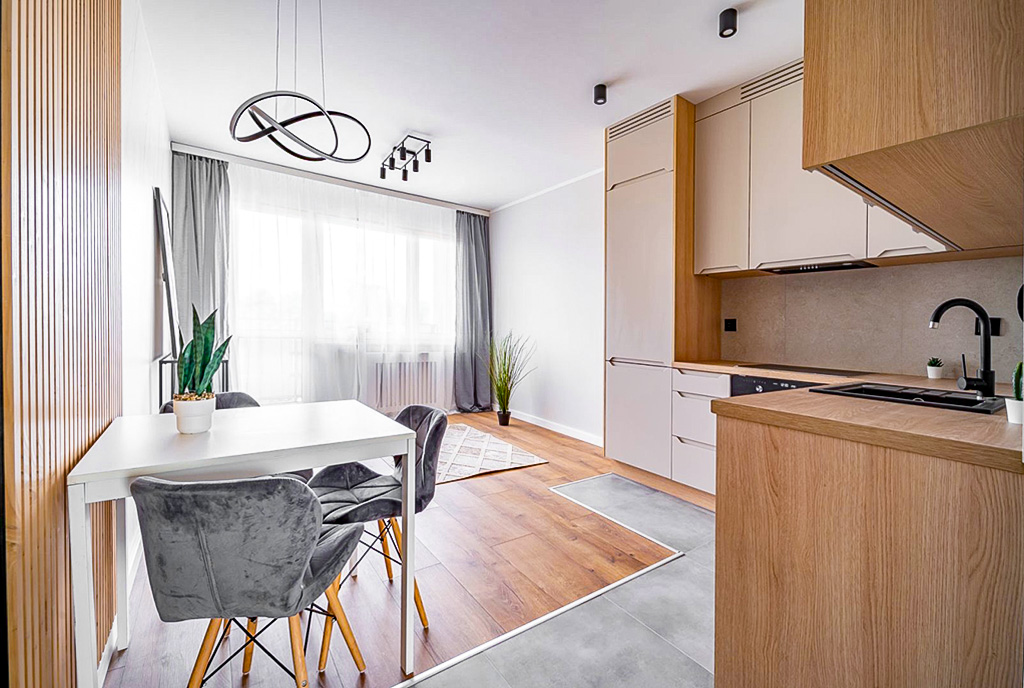 kuchnia oraz salon w luksusowym apartamencie na sprzedaż Elbląg