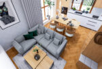Na dole salon u góry, kuchnia i jadalnia w ekskluzywnym apartamencie do sprzedaży Mielec.