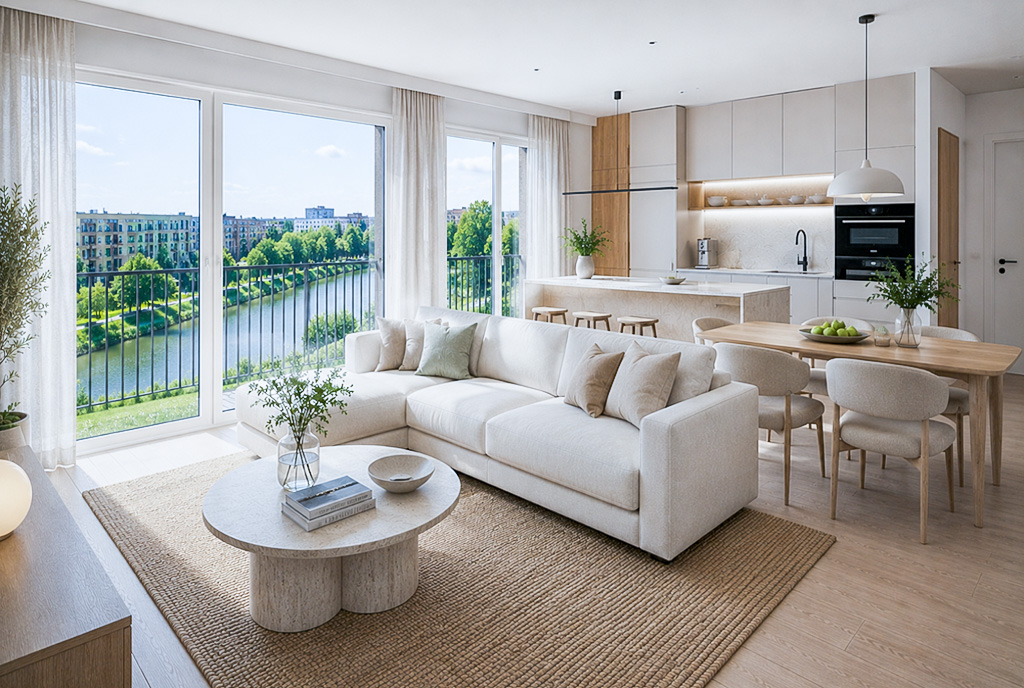 Projekt salonu i kuchni w ekskluzywnym apartamencie na sprzedaż Wrocław