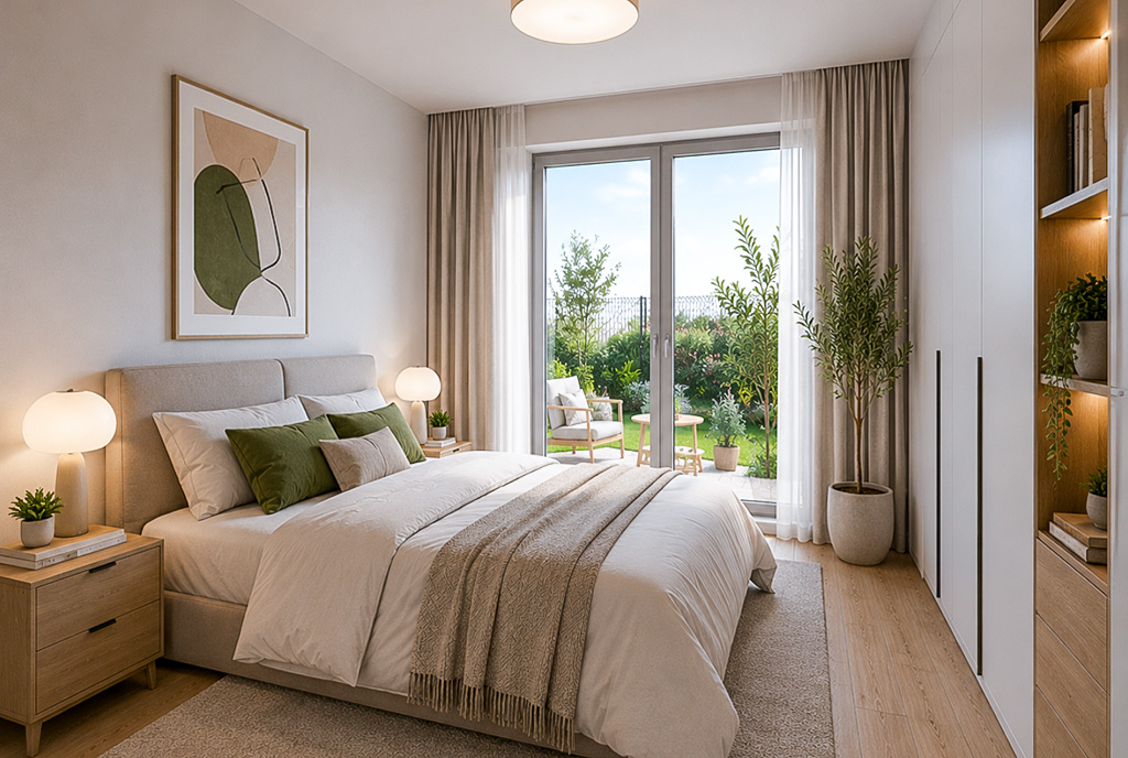 zaciszna sypialnia w luksusowym apartamencie na sprzedaż Wrocław