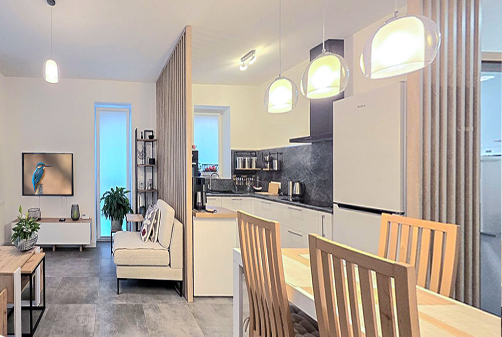 Nowoczesna kuchnia i jadalnia w ekskluzywnym apartamencie na sprzedaż Bielsko Biała okolice.