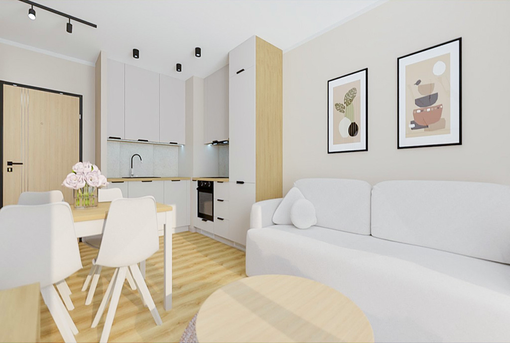 Widok na jadalnię w ekskluzywnym apartamencie do sprzedaży Elbląg.