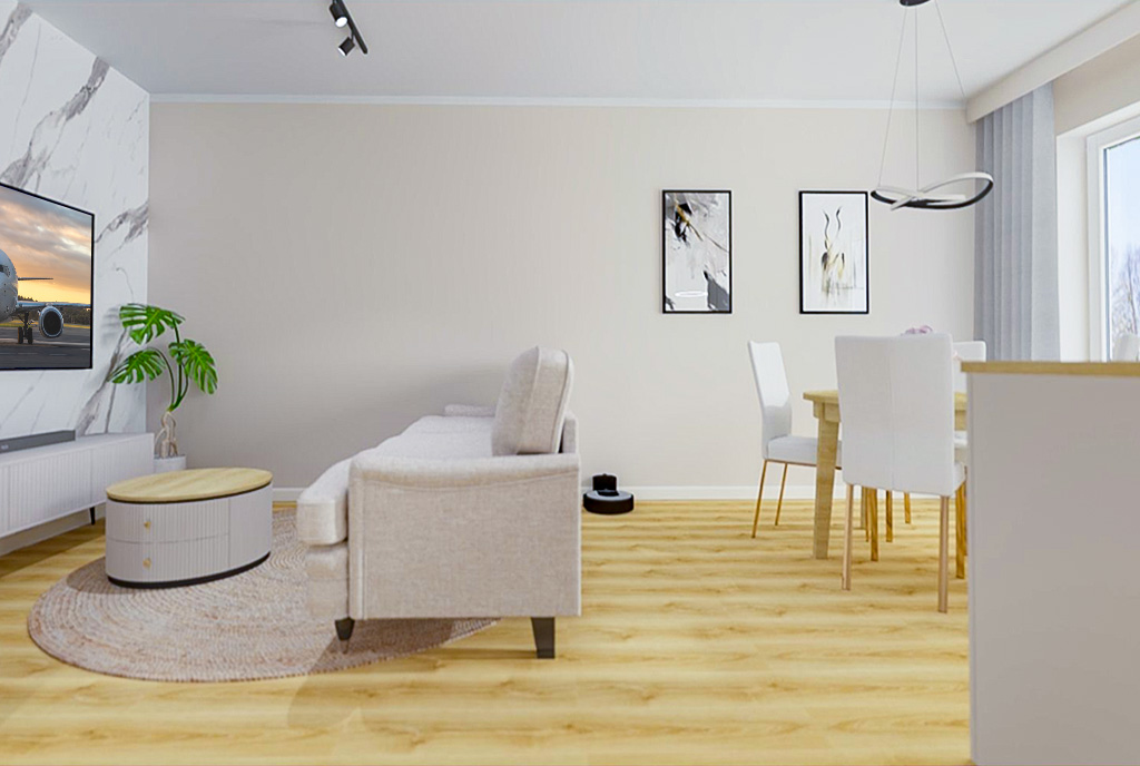 Po lewej salon po prawej jadalnia w luksusowym apartamencie na sprzedaż Elbląg.