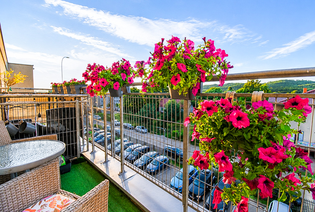 Ukwiecony balkon w apartamencie do sprzedaży Gdynia, okolice.