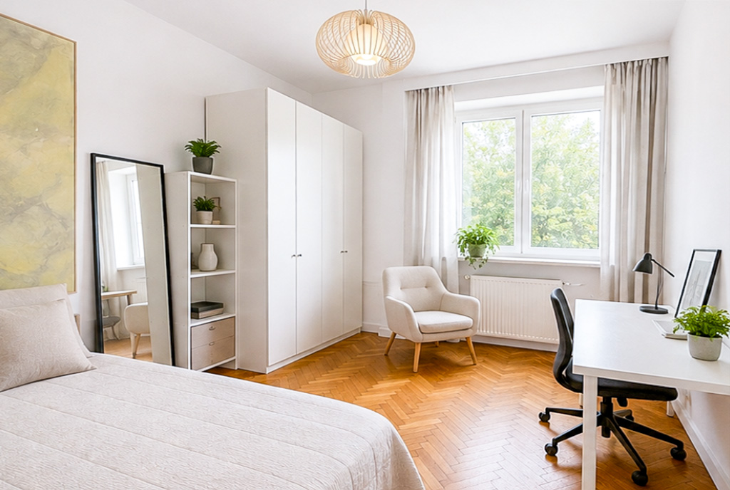 widok na sypialnię w ekskluzywnym apartamencie na sprzedaż Wrocław