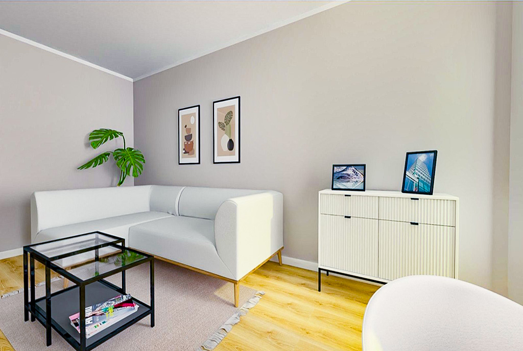 przeciwległa ściana pokoju dziennego w ekskluzywnym apartamencie na sprzedaż Elbląg