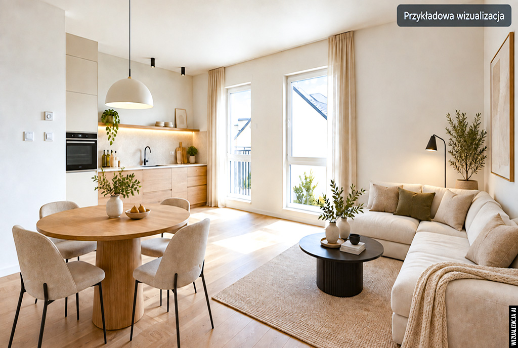 przeciwległa ściana salonu w luksusowym apartamencie na sprzedaż Kwidzyn