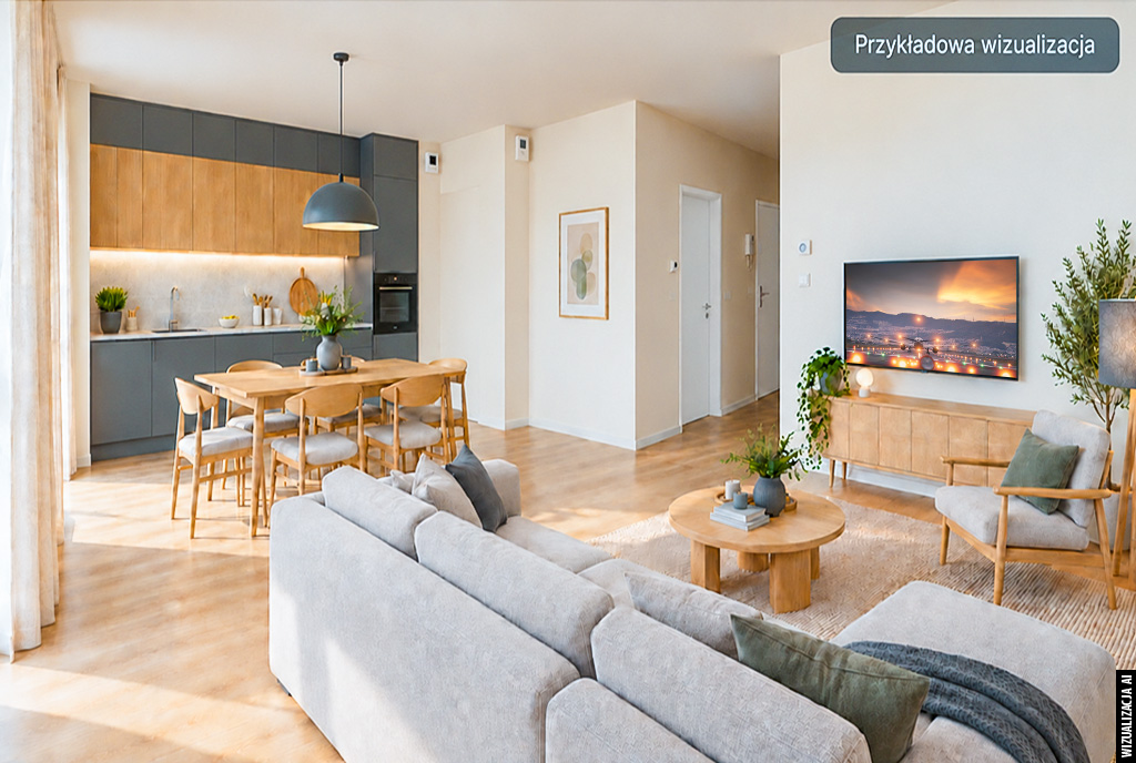 po lewej aneks kuchenny, po prawej salon w luksusowym apartamencie do sprzedaży Kwidzyn