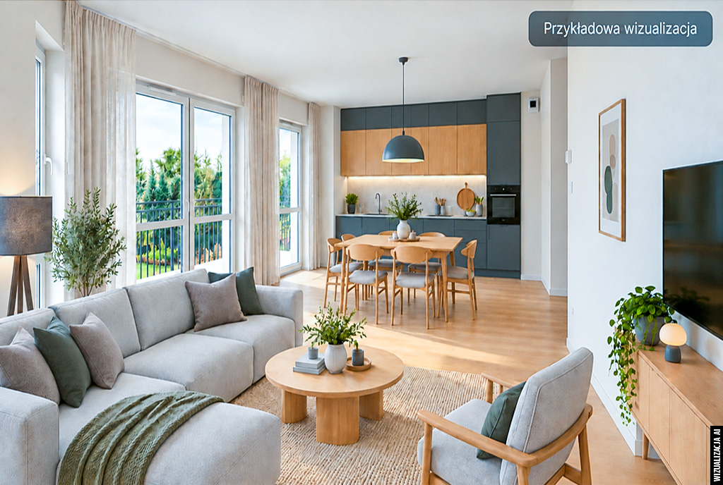 widok z salonu na aneks kuchenny w ekskluzywnym apartamencie na sprzedaż Kwidzyn
