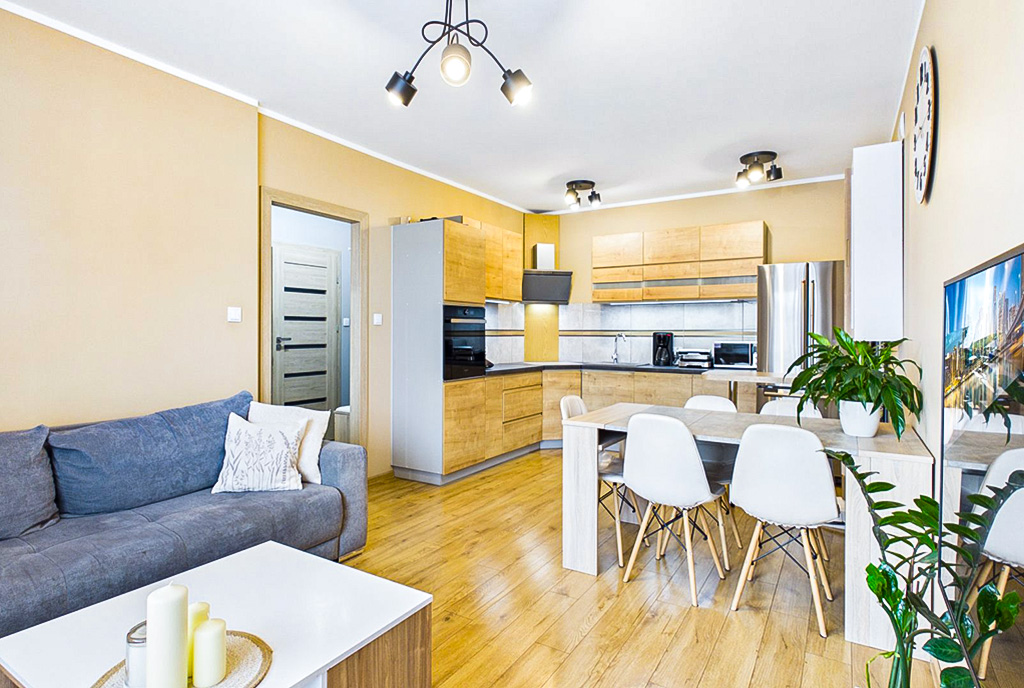 widok na kuchnię w ekskluzywnym apartamencie do sprzedaży Zielona Góra (okolice)