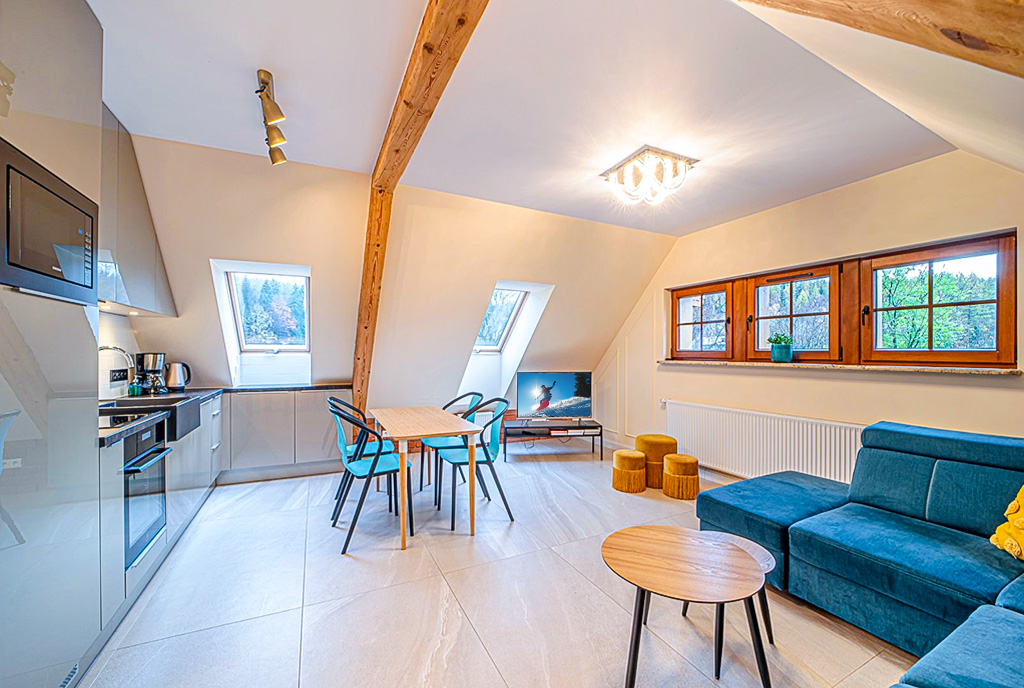 druga strona pokoju dziennego w luksusowym apartamencie na sprzedaż Jelenia Góra (okolice)