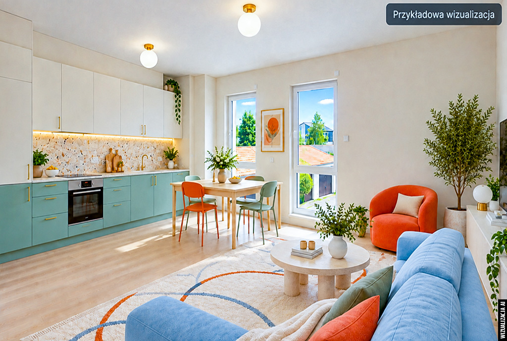 słoneczny pokój dzienny w ekskluzywnym apartamencie do sprzedaży Kwidzyn