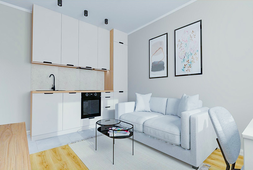 widok z salonu na aneks kuchenny w luksusowym apartamencie na sprzedaż Elbląg